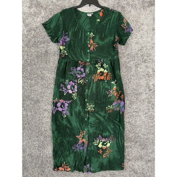 Go Fish Clothing Maxi‎ Dress Large Tropical Floral Batik Button Island Beach Vtg - Picture 1 of 13